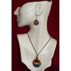 Peruvian Ceramic Earring & Pendant Set - Red Blue Geo - NEW
